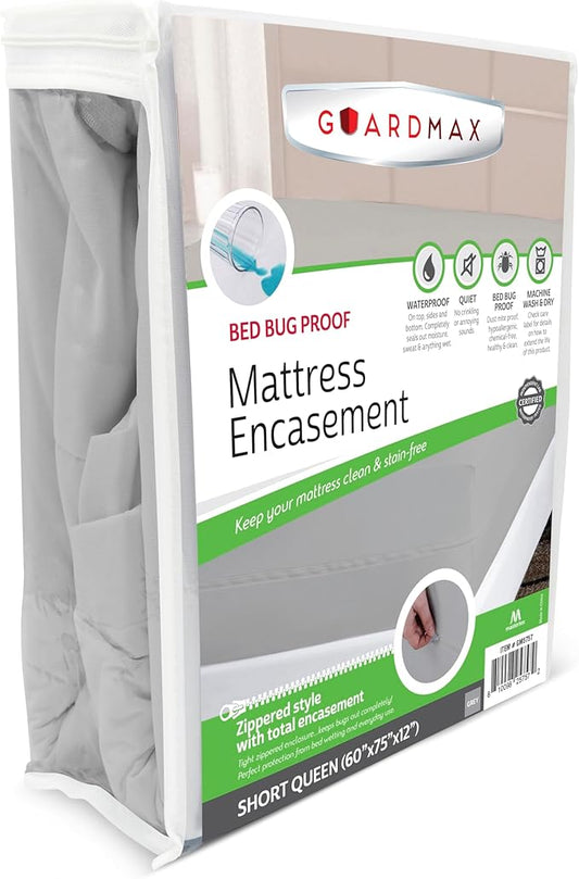 Guardmax Jersey Knitted Short Queen Zippered Mattress Encasement - Waterproof & Bed Bug Proof Mattress Protector - Comfortable, Soft, and Noiseless Zippered Bedding - Dust Mite P0roof (60 x 75 x 12)