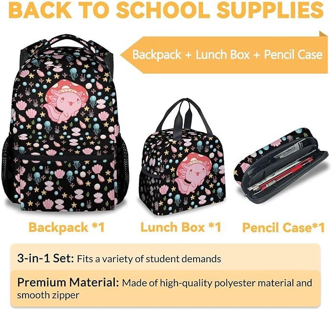 Mercuryelf Axolotl Girls Backpack with Lunch Box Set, 3 in 1 School Travel Backpacks Matching Combo, Black Cute Bookbag and Pencil Case Bundle