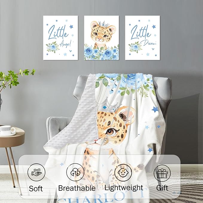 Personalized Baby Crib Bedding Set: 4 Piece Custom Blue Floral Leopard Crib Bed Set with Name, Nursery Bedding Set for Baby Girls, Newborn Boys Crib Sets, Crib Bedding Custom Gift, Crib Sheet