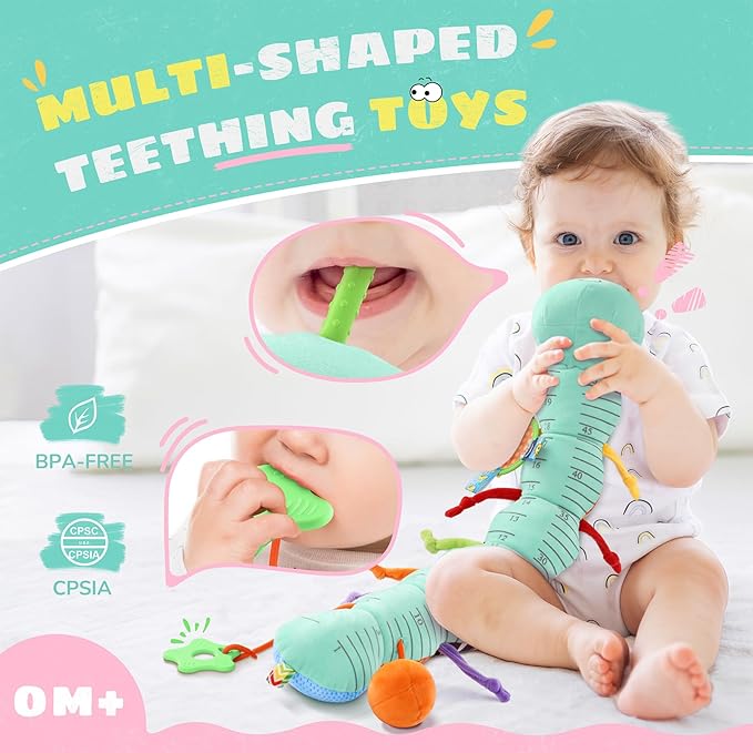 Baby Toys 6-12 Months Music Caterpillar,Stuffed Animals Infant Toys 0-3-6 Months,Teething Sensory Toys Tummy Time with Mirror Crinkle Rattle&Pull String for Boys Girls Gifts Birthday|Blue