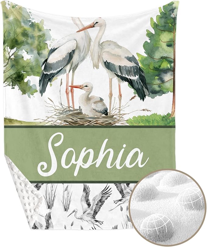 Personalized Baby Crib Bedding Set, Custom Name Crane Design Baby Bedding 2-Pcs Set-Soft Double Layer Dotted Blanket and Fitted Sheet, Nursery Bedding for Newborn Boys Girls, Perfect Shower Gift
