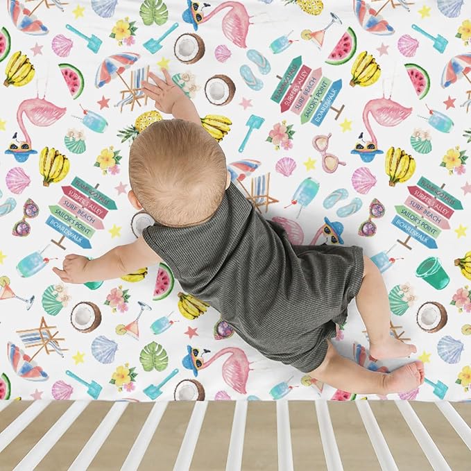 Surf Beach Summer Baby Crib Sheets for Boy Girl 28"x52" Flamingo Tropical Leaves Floral Fruits Soft Stretchy Fitted Crib Mattress Cover Beach Party Vacation Baby Sheet for Crib & Toddler Bed Mattress