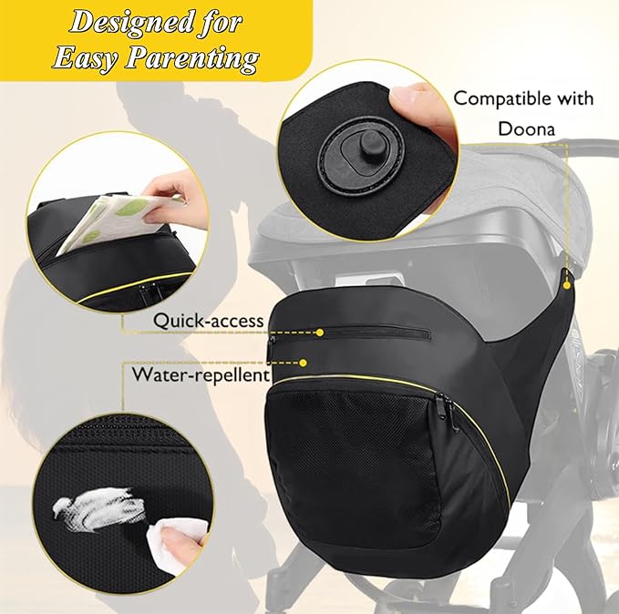 Clip-On Storage Bag Compatible with Doona Stroller & Carseat, Large Capacity Storage Space Diaper Bag with Non-Slip Zipper, Stroller Organizer Bag Wearable Backpack Mother's Bag All Day Bag