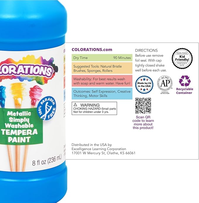 Colorations Paraben-Free Metallic Simply Washable Tempera Paint- Set of 6, 8 oz. Each Bottle, Non-Toxic, Classroom Essentials, Arts and Crafts Supplies for Kids and Adults