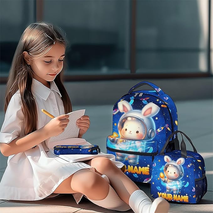 Kids School Backpack - Personalized Bunny Backpacks Set with Name - Custom Planet Bookbag for Boys Girls - Toddler School Bag for Kindergarten/Preschool/Elementary(17 Inch)