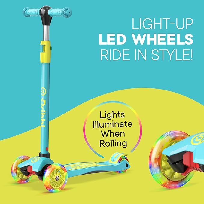 Dribbl 3-Wheel Kids Scooter - Lean-to-Steer Technology, Adjustable Height Handlebar, Wide Deck, Scooter for Boys & Girls Ages 3+, Child Safety Approved, Support Riders Up to 165 lbs, Aqua and Yellow