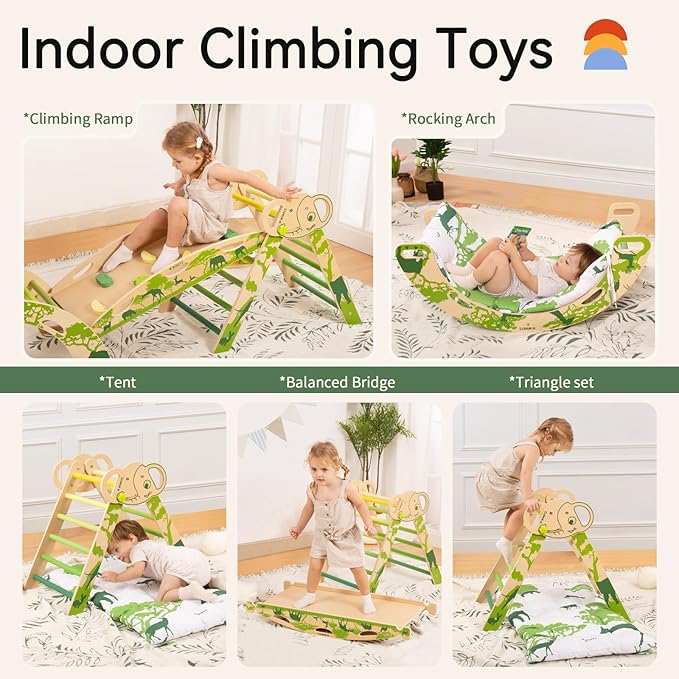 wingyz 8-in-1 Pikler Triangle Set with Cushion-Foldable Baby Climbing Toys with Arch, Ramp & Ladder | Montessori Toddler Climber Indoor Jungle Gym for 1-3 Year Olds (Green)