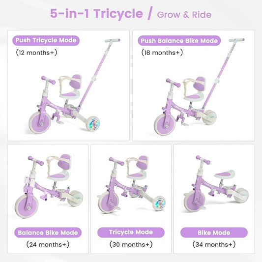 5-in-1 Tricycle for Toddlers 1-3, Convertible Toddler Bike with Push Handle & Removable Pedals, Balance Bike with Colorful Lighting Wheels, Adjustable Seat Height with Backrest (Purple)