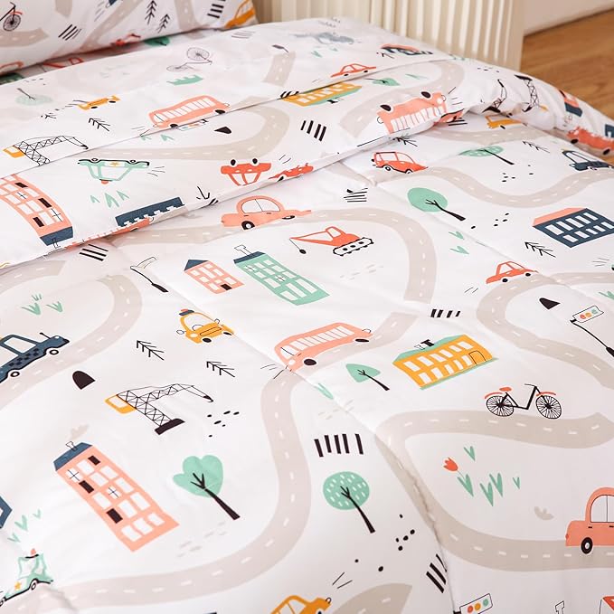 JSD Car Toddler Bedding Set, 4 Piece Bed-in-a-Bag Toddler Microfiber Comforter Sheet Set, All Season Machine Washable