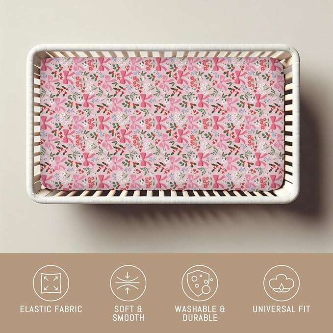 Preppy Pastel Floral Bows Baby Crib Sheets Pink Girly Floral Bows Soft Snug Fitted Crib Mattress Covers for 52''x28'' Standard Crib & Toddler Mattress Christmas Flowers Cherry Fir Leaves Bed Sheets