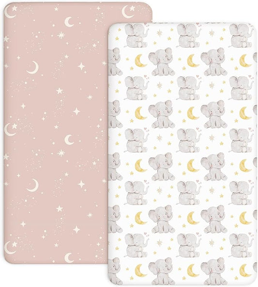 Pack and Play Sheets 2 Pack, Fitted Jersey Knit Mini Crib Sheets for Baby Boys and Girls, Compatible with Graco Pack N Play and Mini Crib Mattress (Elephant Dream, Pack N Play/Mini Crib Sheets)