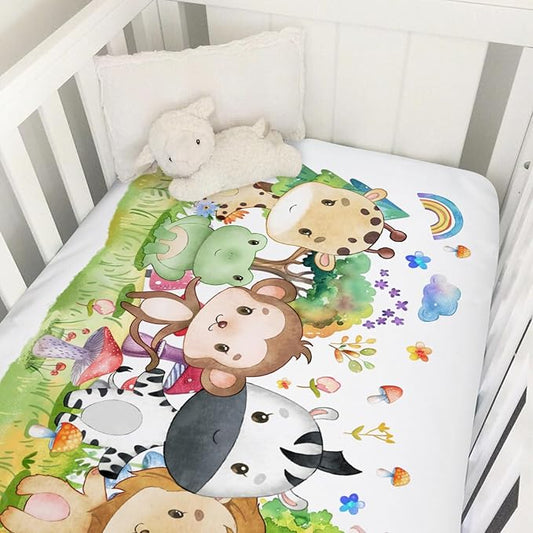 Baby Jungle Safari Animals Tropical Leaves Flowers Baby Crib Sheet 52''x28'' Fitted Crib Mattress Cover for Boy Girl Nursery Bed Sheet Fits Standard Crib Toddler Mattress (Forest, One Size)