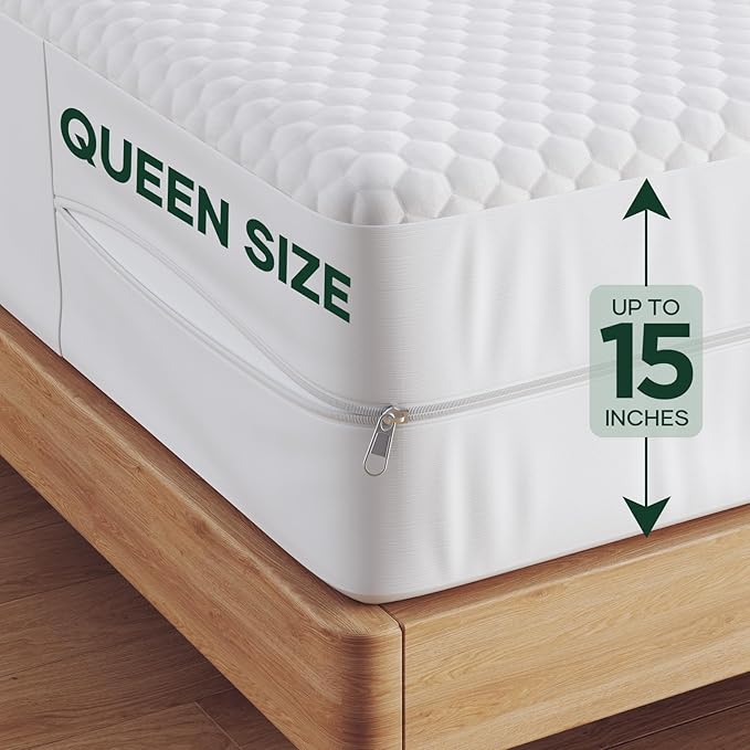 OhGeni 100% Waterproof Mattress Protector,Queen Size-Zipper Mattress Soft Pad,Pet Hair & Bedwetting Resistant,Cooling Breathable Fitted Sheets,Washable Cover,Non-Slip Deep Pocket,Noiseless for Bedroom