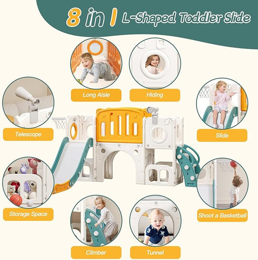 8 in 1 Toddler Slide,Kids Climber Slide with Storage Space and Non-Slip Steps,Indoor Outdoor Playset with Basketball Hoopa and Telescope,Slide for Toddlers Age 1-8 (White+Orange)