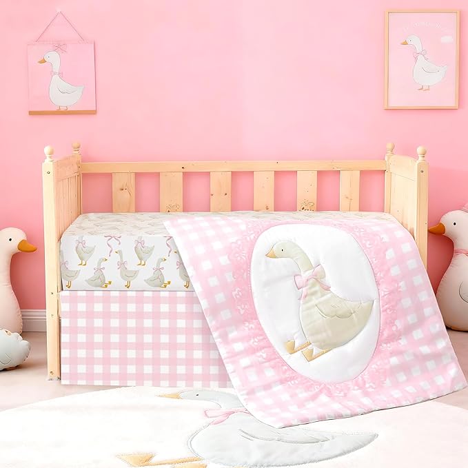 3 Pcs Baby Crib Bedding Set Silly Goose Baby Crib Sets Goose Nursery Decor Includes Quilt, Fitted Sheet, Skirt for Girl(Pink)