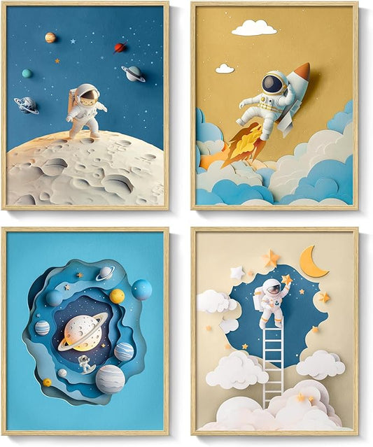 Framed Space Astronaut Wall Art for Nursery Decor, 4 Piece Outer Space Themed Canvas Art Prints Paintings, Planet Rocket Pictures for Bedroom, Kids Room, Baby Room, Boys Room, Bathroom Wall Decor