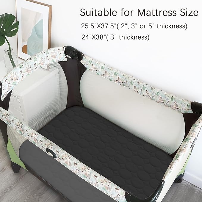 Pack and Play Sheets Fitted Quilted Waterproof Protector, 2 Pack Playard Mattress Pad Compatible with Graco Pack n Play, Mattress Cover fits for Baby Playpen Mattress, Mini Crib, Black