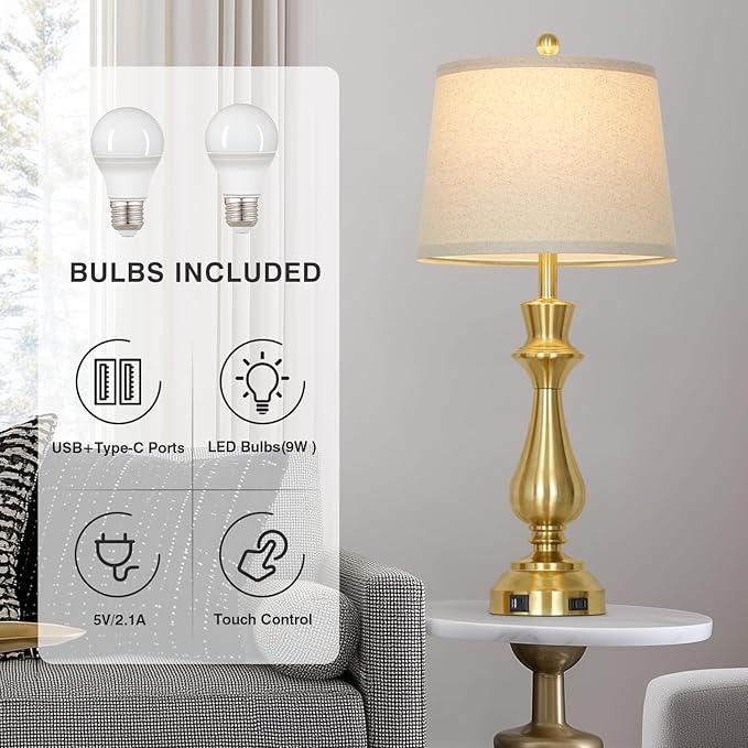 luxeflow Modern Gold Table Lamp for Living Room,30" Tall Bedside Lamp with USB Charging Port,3-Way Dimmable Touch Nightstand Lamp for Bedroom Desk Side Table Office,Gold-1P