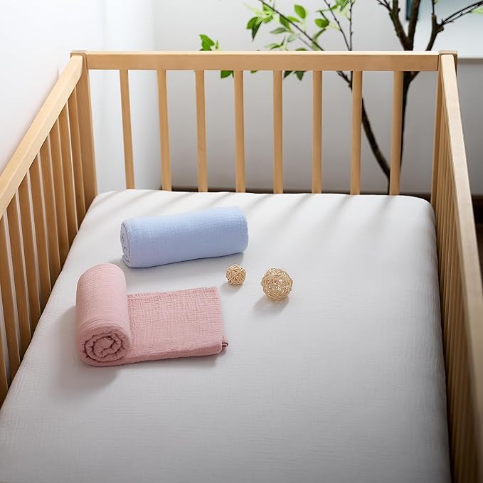 Meracorallo Muslin Crib Sheet, 100% Cotton Fitted Crib Sheet 28x52 Soft and Breathable Baby Boys Girls Cover for Standard Crib and Toddler Mattresses, White