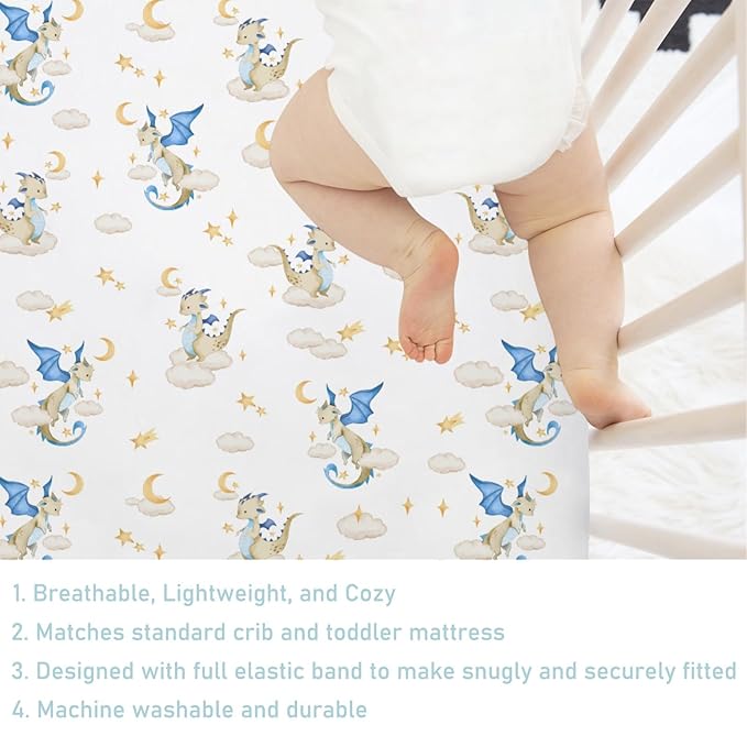 Cartoon Fairy Tale Dragon Moon Stars Clouds Baby Crib Sheets 52''x28'' Watercolor Dragons Stretchy Fitted Crib Mattress Cover for Boy Girl Soft Bed Sheet for Standard Crib and Toddler Mattress