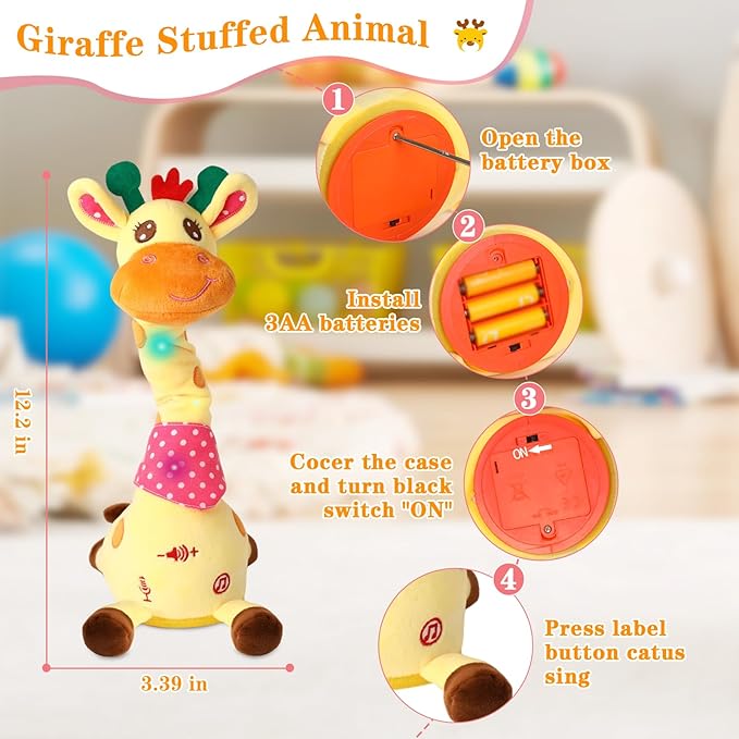 Dancing Talking Giraffe Toy, Stuffed Animal Baby Toy Repeating What You Say, Glowing Musical Electronic Giraffe Gifts for Toddlers 1-3 Years Old (Giraffe)