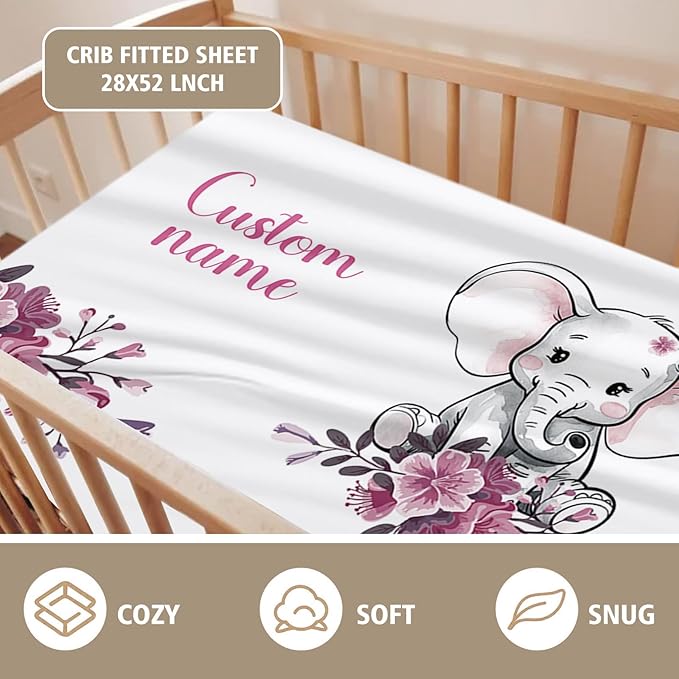 Personalized Baby Crib Bedding Set, Custom Name Floral Elephant Baby Bedding 2-Pcs Set - Soft Double Layer Dotted Blanket and Fitted Sheet, Nursery Bedding for Newborn Boys Girls, Perfect Shower Gift