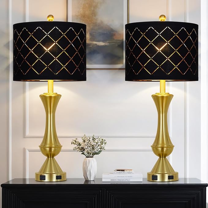 luxeflow 29" Gold Modern Table Lamps Set of 2, 3-Way Dimmable Touch Lamps for Nightstand with USB A+C & Outlets,Brass Lamps for Living Room, Bedroom, Nightstand, Entryway(2 Bulbs Included)