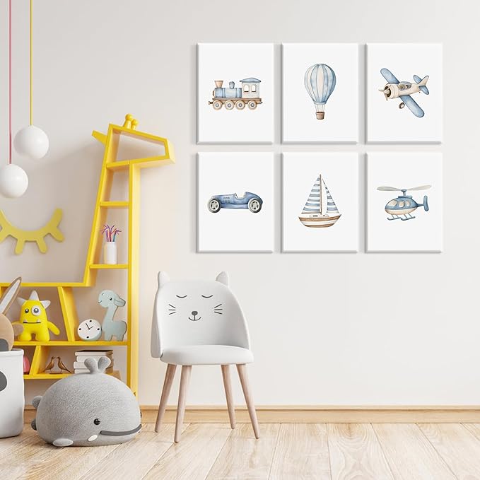 Baby Boy Nursery Wall Art Transportation Blue Car Canvas Prints Vintage Toddler Vehicle Pictures Decor Hot Air Balloon Airplane Nursery Poster for Kids Boys Room Bedroom 8x10x6 Inch Wrapped Canvas