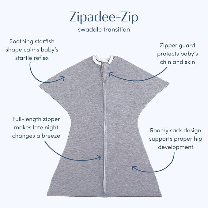 SleepingBaby Zipadee-Zip Transition Swaddle - Cozy Baby Swaddle Blanket with Zipper Convenience - Roomy Wearable Blanket for Easy Diaper Changes - Heather Grey, Small (4-8 Month)