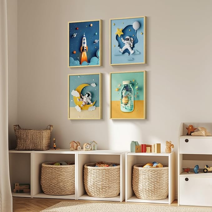 Framed Space Astronaut Cool Wall Art for Nursery Decor, 4 Piece Modern Space Themed Canvas Prints Artwork for Walls, Rocket Pictures for Bedroom, Kids Room, Baby Room, Boys Room, Bathroom Wall Decor