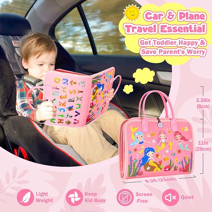 Busy Board Montessori Toys for 4 Years Old, Busy Books for Toddlers, Sensory Board Quiet Book Educational Activity Book for Toddlers 4-5, Toddler Travel Toys for Plane Car, Gifts for Boys Girls (Pink)