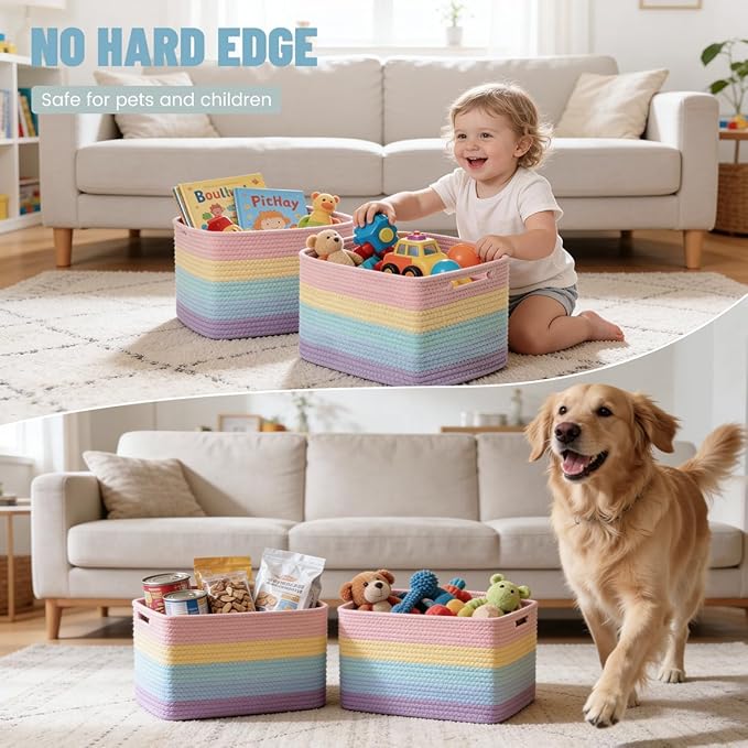 Yilobi 5 Pack Rainbow Woven Storage Baskets for Shelves, Decorative Toy Baskets Organizer for Kids Room, Nursery, Playroom, Classroom – Colorful Cotton Rope Toy Storage Bins for Organizing & Decor