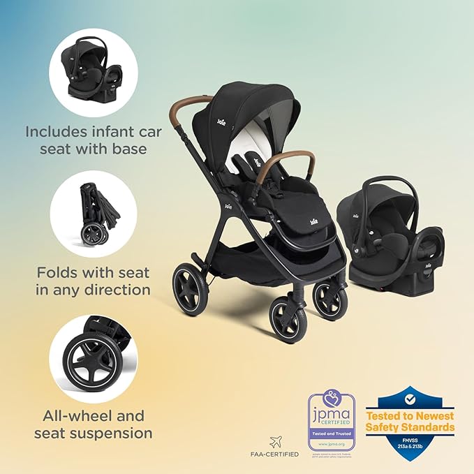 Joie, Kava and Rue Travel System - 3-in-1 Stroller, Lightweight Infant Car Seat & Anti-Rebound Base, All-Wheel Suspension, Reversible Seat (Shale)