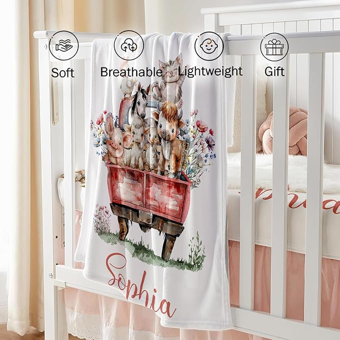 Custom Baby Crib Bedding Set, Personalized Name Animal Truck Design Crib Set 3 Pcs, Soft Double Layer Blanket, Crib Sheet & Room Rug, Ideal Nursery Decor Gift for Baby Girls Boys