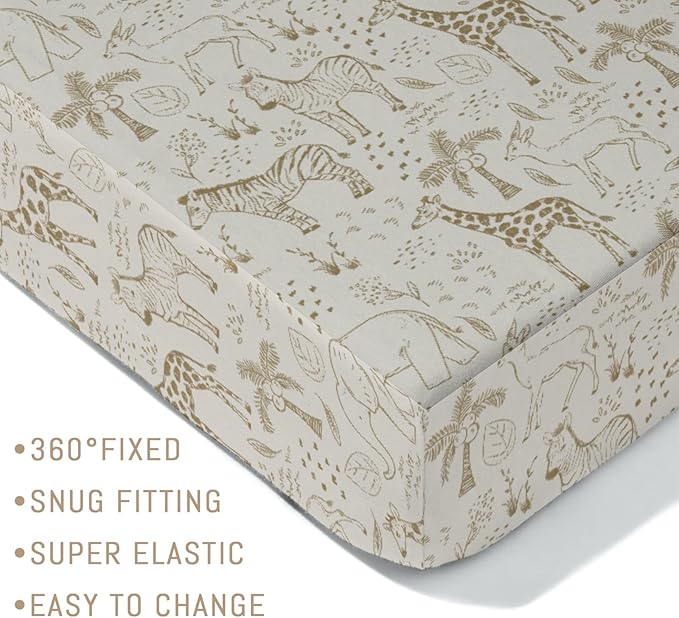 Cute Animals Safari Baby Crib Sheets for Boy Girl Boho Giraffe Zebra Elephant Trees Leaves Soft Snug Fitted Crib Mattress Covers for 52''x28'' Standard Crib & Toddler Mattress Wild Animals Bed Sheets