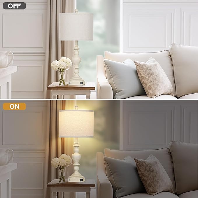 luxeflow 27" Farmhouse Table Lamps Set of 2, Vintage Bedside Lamps with USB A+C Charging Ports, 3-Way Dimmable Touch Control Traditional Nightstand Lamp for Living Room Beige (Bulbs Included)