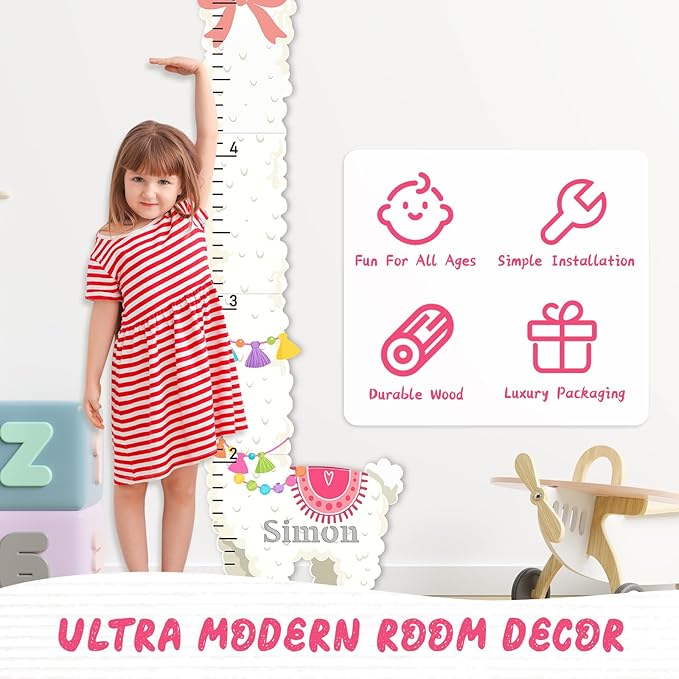 Woodemon Personalized Child Growth Charts, Alpaca Wooden Kids Height Wall Chart, Height Measurement for Wall Kids Room Nursery Decor