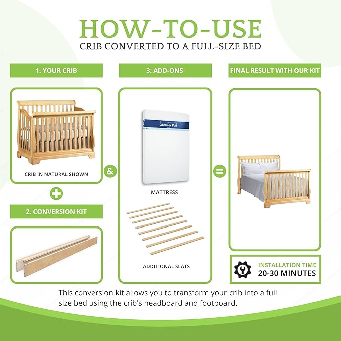 Full-Size Conversion Kit Bed Rails for Baby Appleseed & Eco-Chic Convertible Cribs - Solid Wood Rail - Toddler and Adult Bed Rail for Full-Size Beds - Nursery and Baby Furniture (Unfinished, Option 1)