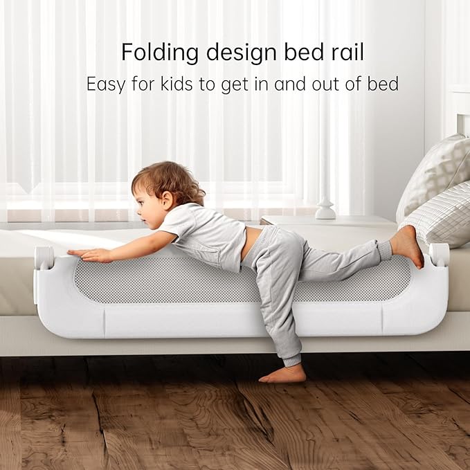 Folding Bed Rail for Toddlers,Baby Bed Rail Guard with Reinforced Anchor Safety System(White,47"x23.6")
