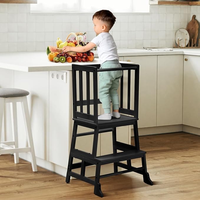 COSYLAND Kids Kitchen Step Stool Helper - Wooden Standing Tower for Kids with Anti-Tip Support Legs (Black)