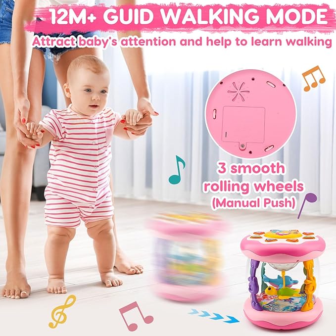 Baby Musical Light Up Toys Tummy Time Ocean Projector Rotating Infant 1 Year Old Toy Baby Aquarium Crawling Pink Toys Babies Girls 1 2 Year Old Birthday Newborn Gifts