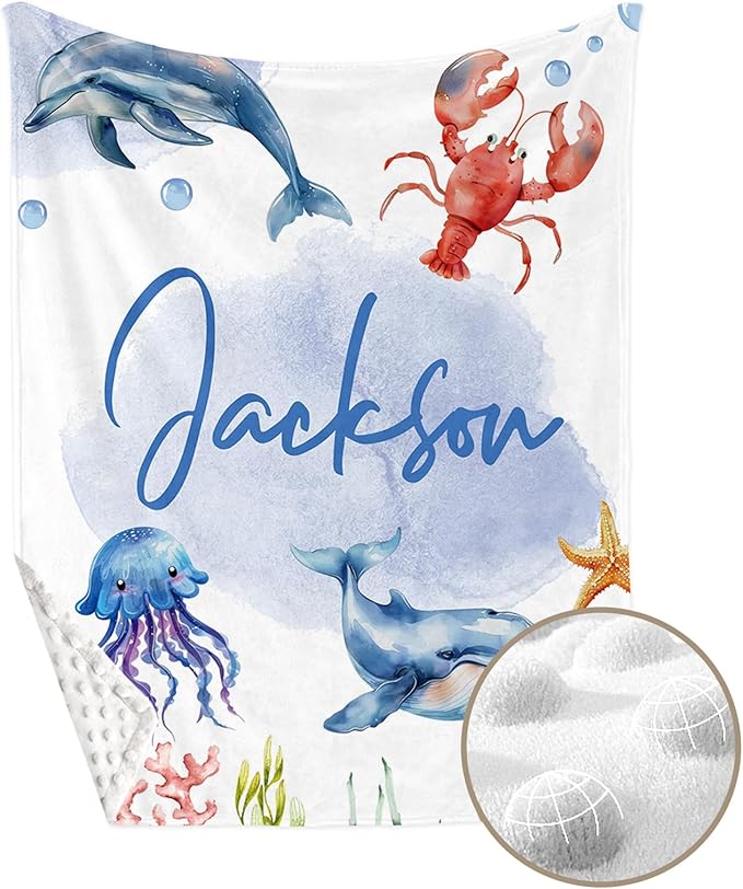 Personalized Baby Crib Bedding Set 2-Pcs, Custom Name Marine Animals Baby Bedding Set - Soft Double Layer Dotted Blanket and Fitted Sheet, Nursery Bedding for Newborn Boys Girls, Perfect Shower Gift