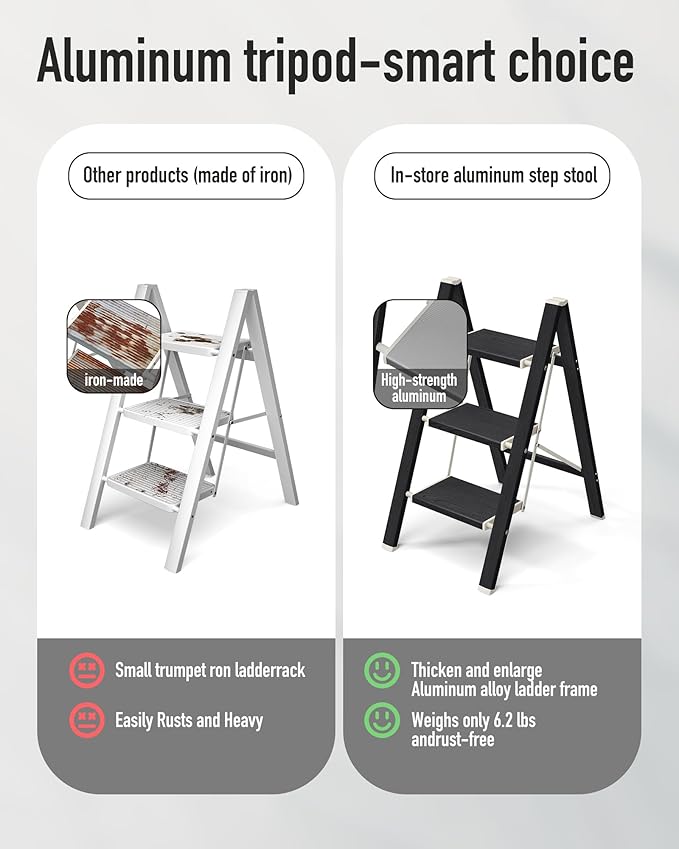 Mayi Plus 3 Step Ladder,Aluminum Folding Step Stool for Adults,Step Ladder with Wide Anti-Slip Pedal,330 lbs Capacity for Home,Kitchen,Library,Office(Ebony Woodgrain)