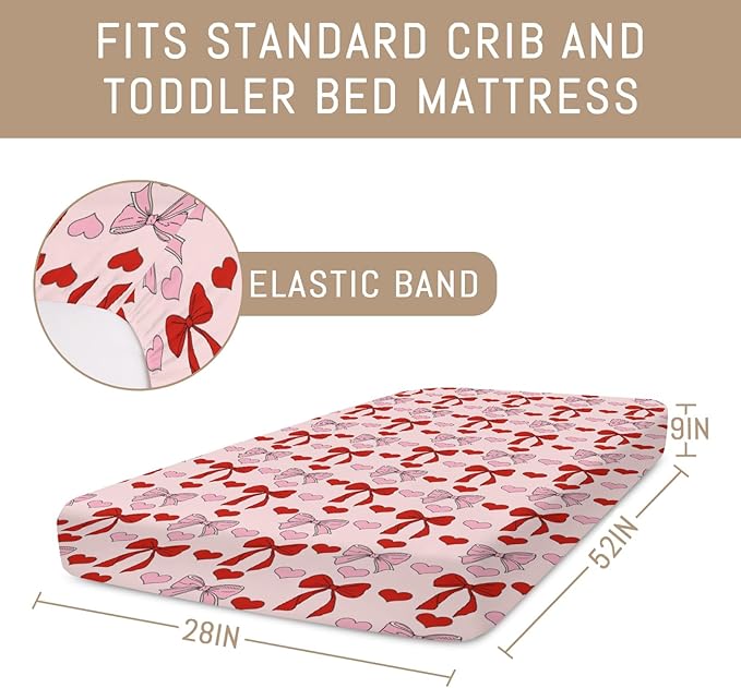 Ribbon Bows Heart Baby Crib Sheets for Boys Girls Pink Red Bows Ribbon Soft Stretchy Fitted Crib Mattress Covers for 52''x28'' Standard Crib & Toddler Mattress Baby's First Valentine's Love Bed Sheets