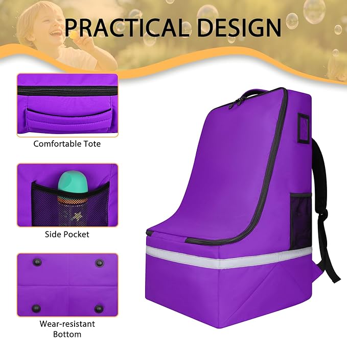 LARIPOP Car Seat Travel Bag for Airplane,Infant Seat Travel Bag with Shoulder Strap,Padded Car Seats Backpack with Reflective Stripes,Large Carseat Carrier Bag Travel Car Seat Cover,Purple