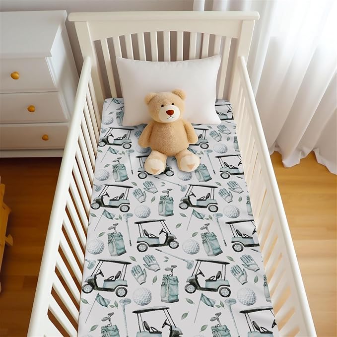 Golf Gear Sport Green Fitted Crib Sheet for Baby Girls Boys 52x28x9 in Golfing Cart Gloves Bag Flag Sports Fitted Crib Mattress Cover for Standard Crib Toddler Golfs Lovers Gift Bed Sheet