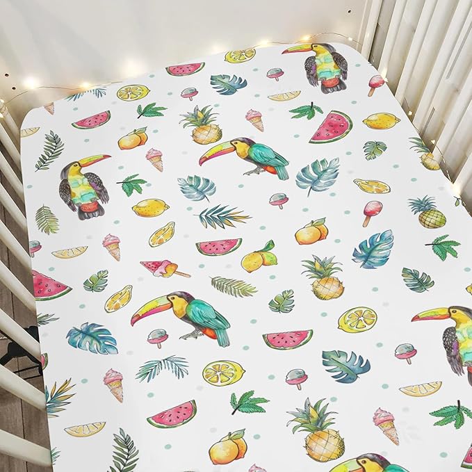 Toucan Tropical Flowers Leaves Baby Crib Sheets for Boy Girl 52"x28" Summer Birds Fruits Soft Snug Fitted Crib Mattress Cover Beach Vacation Baby Sheet for Standard Crib and Toddler Bed Mattresses