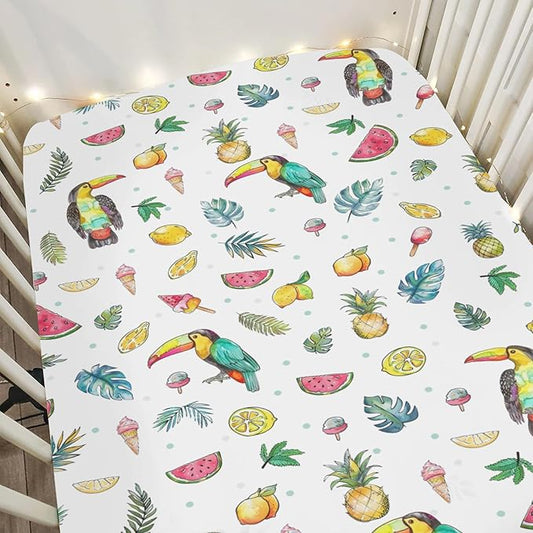 Toucan Tropical Flowers Leaves Baby Crib Sheets for Boy Girl 52"x28" Summer Birds Fruits Soft Snug Fitted Crib Mattress Cover Beach Vacation Baby Sheet for Standard Crib and Toddler Bed Mattresses
