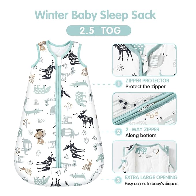 Mosebears Sleep Sack Baby Winter Wearable Blanket with 2-Way Zipper,2.5 TOG Cotton Sleep Sack Unisex (Deer, 6-12 Months)