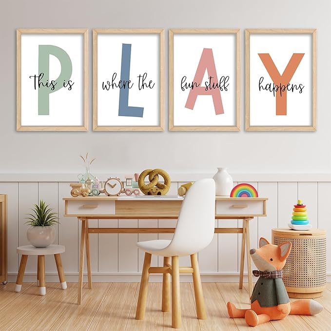 YWJKWLGS This Is Where The Fun Stuff Happens Kids Playroom Wall Decor 16"x11" Set of 4 Nursery Interesting Modren Wood Framed Let's Play Prints Sign for Boy Toddler Children Wall Hanging Art (Wood)